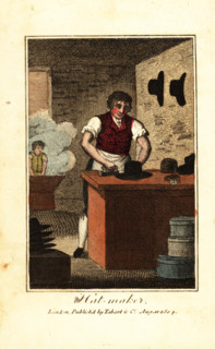 Hat maker ironing the brim of a hat made from beaver fur. In the background, an apprentice works the felt in a battery (hot-water kettle). Handcoloured woodcut engraving from The Book of English Trade...