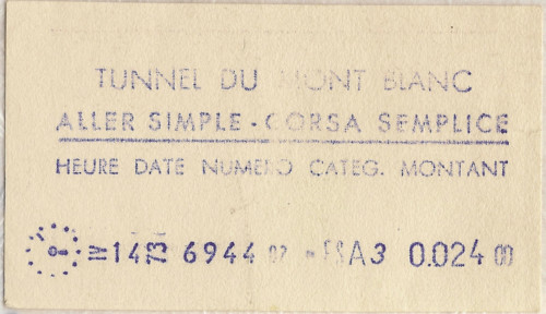 Ticket for the Mont Blanc Tunnel, issued in 1973. This transport ticket symbolizes the connection between France and Italy through the famous tunnel.