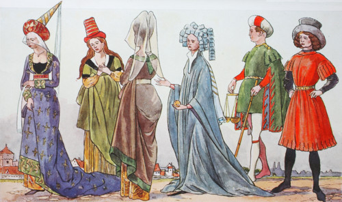 Clothes, fashion in Germany under Burgundian influence from 1410-1460, from the left, noble woman with the Burgundian Hennin, a high pointy hat and veil, then a girl with a cone hat, then a woman with...