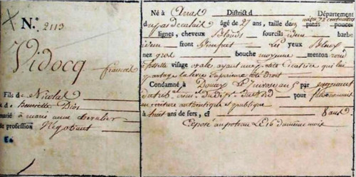 . English: Document concerning the sentence of Eugène François Vidocq because of forgery to eight years of hard labor in the Bagno of Brest, 27th December 1796 Deutsch: Dokument zur Verurteilung von E...
