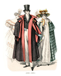 Vintage engraving of History of Fashion, Costumes of Germany early 19th Century.  High society man in cape and top hat, women in hat and cloak 1825 to