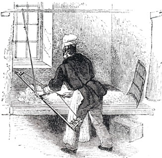 An engraving depicting the manufacturing of beaver hats: bowing fur and wool used to make the hats. Dated 19th century