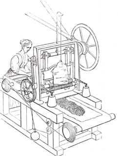 An engraving depicting the manufacturing of beaver hats: a machine used for shaving fur from the animal skin after it is washed. Dated 19th century