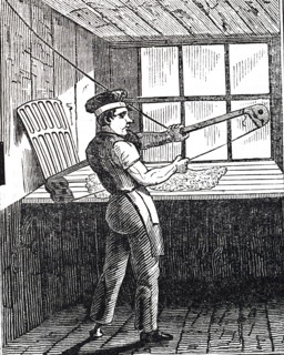 An engraving depicting the manufacturing of beaver hats: bowing fur and wool used to make the hats. Dated 19th century