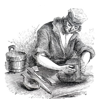 An engraving depicting the manufacturing of beaver hats: shaping a beaver hat on a block. Dated 19th century