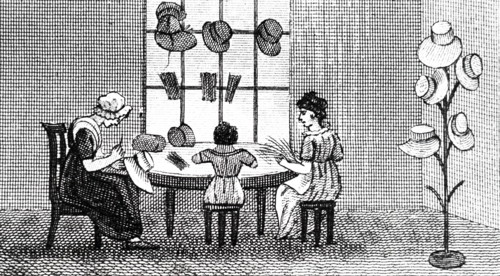 An engraving depicting women and child making plaited straw into hats. Dated 19th century