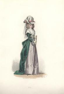 Fashionable woman in flowery chapeau and veil, wearing a fichu and green velvet redingote over a grey silk dress and holding a cane. Era of Marie Antoinette. Handcolored engraving by A. Lacourriere af...