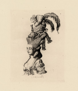 Woman in giant pouf hairstyle, era of Marie Antoinette. Copperplate etching by Auguste Etienne Guillaumot from Costumes et coiffures du XVIIIe siecle, Costumes and hairstyles of the 18th century, Cagn...