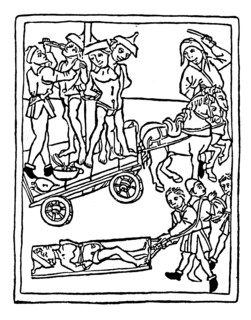 Torture of Jews being driven to the place of execution. (The tortured all wear the Jewish hat as a sign that they are Jews). After a woodcut from the year 1475,   1923
