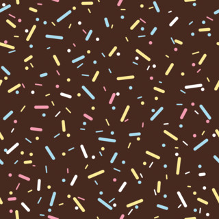 Donut chocolate glaze seamless pattern. Cream texture with topping of colorful sprinkles and beads on brown background. Food bakery decoration. Vector