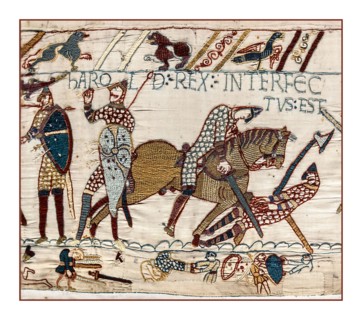 BAYEUX TAPESTRY DEATH Harold Rex Interfectus Est: "King Harold was killed". Scene from the Bayeux Tapestry depicting the Battle of Hastings and the death of King Harold, image of Bayeux tapestry scene...