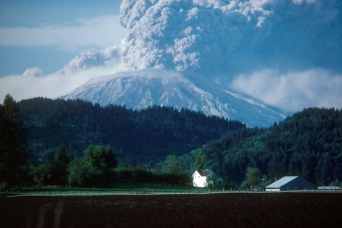 Giant plumes of volcanic ash pour from Mount St. Helens on the day of its major eruption, May 18, 1980.