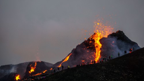 Molten lava flowing from a small volcanic eruption in Mt Fagradalsfjall, near the capital of Reykjavik, Southwest Iceland, in March 2021.