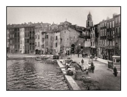 ST.TROPEZ VINTAGE RETRO 1900's Saint Tropez simple historic old fishing harbour port, with wooden fish boxes containers on harbour side waiting for the next fishing boat catch vessels, Cote d'Azur Fra...