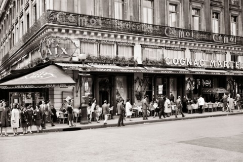 1960s CAFE DE LA PAIX ON PLACE DE L'OPERA AND RUE DE LA PAIX PEDESTRIANS AND DINERS AT OUTDOOR CAFE TABLES PARIS FRANCE - r18865 MAY001 HARS REAL ESTATE DE STRUCTURES CITIES GOURMET EDIFICE OPULENT 9T...