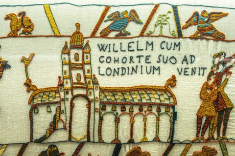 The Bayeux tapestry is an embroidered fabric made in the second half of the 11th century, it tells the conquest of England. Børglum Abbey, Denmark