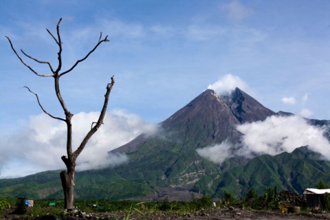 Mount Merapi, a cone-shaped and most active type of volcano in Indonesia. Has a height of 2968 meters.