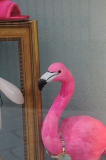 A flamingo in front of art deco background