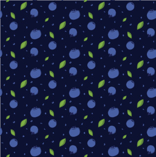 Vector seamless pattern with blueberries and leaves in graphic line style on a dark blue background.