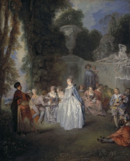 This 1718/9 painting by Jean-Antoine Watteau, titled 'Fêtes Vénitiennes,' depicts a lively and romantic Venetian fête, a scene characteristic of Watteau’s style of fête galante. It is now housed in th...