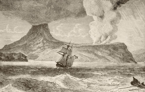 Krakatoa island, Indonesia, erupting in August 1883