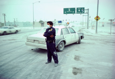 Ash covered street in Eastern Washington State after the 1980 volcanic eruption of Mount St. Helens