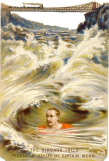 Die cut scrap of Captain Matthew Webb swimming the rapids at Niagara Falls