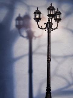 Artistic dramatic photo of a street lamp at night with tree shadow over a white wall