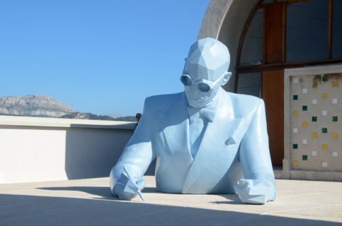Le Corbusier Drawing, Designing or Sketching. Sculpture on Roof Terrace of the Unité d'Habitation or Cité Radieuse Marseille Provence France