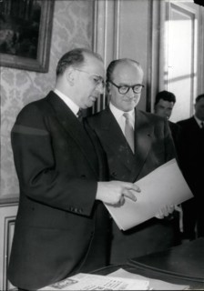Feb. 02, 1956 - New Premier Takes Over: M. Guy Mollet, the new French Prime Minister, took over his office from his predecessor, m. Edgar Faure, at Matignon, prime minister's official residence this a...