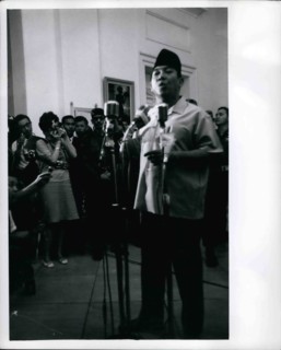Oct. 10, 1965 - President Sukarno, at Istana Palace, Jakarta Indonesia, announces appointment of Maj Gen Suharto as Army Chief of Staff. Suharto replaced Lt. Gen. Achmad YAni, who was killed by the co...