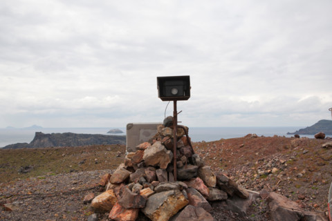 Nea Kameni Island. 14th February, 2015. in Santorini Greece, Costas Papazachos seismologist and professor at the Aristotle University of Thessaloniki and George Vougioukalakis, Dr. Volcanologist geoth...