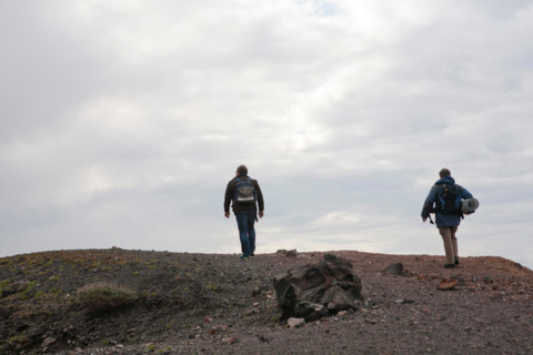 Nea Kameni Island. 14th February, 2015. in Santorini Greece, Costas Papazachos seismologist and professor at the Aristotle University of Thessaloniki and George Vougioukalakis, Dr. Volcanologist geoth...