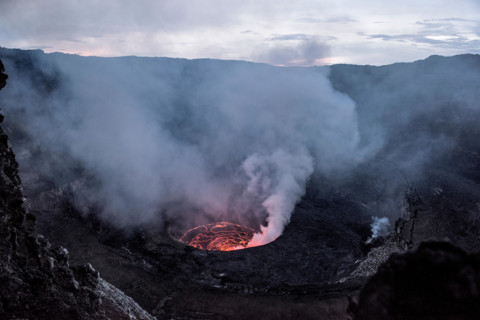 Crater of nyiragongo volcano in eruption