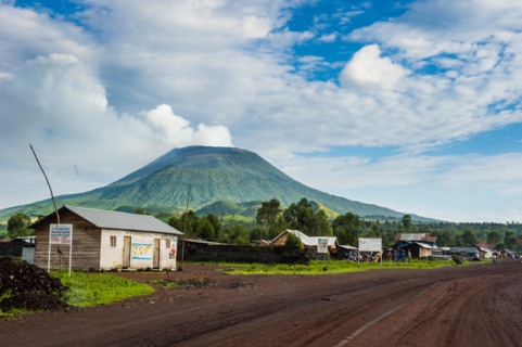 Mount Nyiragongo looming behind the town of Goma, Democratic Republic of the Congo, Africa