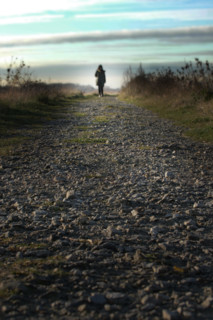 Walking a path into the distance. Back view of a woman on the horizon at the end of a path.