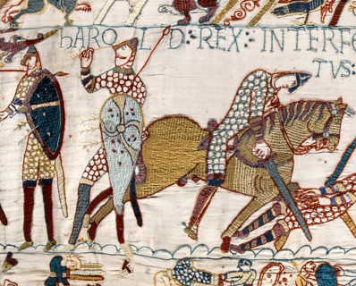 Detail from the Bayeux Tapestry showing the Death of King Harold at the Battle of Hastings in 1066.