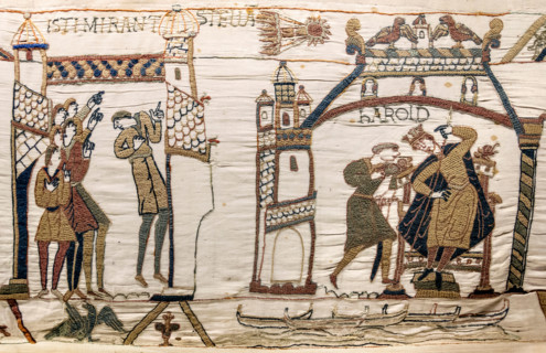 Detail from the Bayeux Tapestry showing Halley's Comet and Harold at Westminster