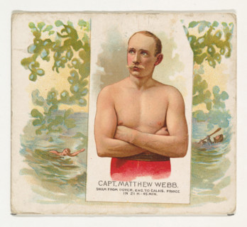 Captain Matthew Webb became the first person to swim across the English Channel from Dover, England, to Calais, France, a monumental feat in 1875. His achievement is featured in the 'World's Champions...