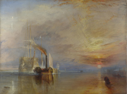 The Fighting Temeraire tugged to her last Berth to be broken up .  English: The Fighting Temeraire. 1839, by Joseph Mallord William Turner. Measures 3' x 4' Français : The Fighting Temeraire. 1839, pa...