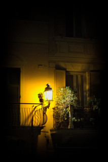 A lamp on the balcony in the dark, illuminating a bush