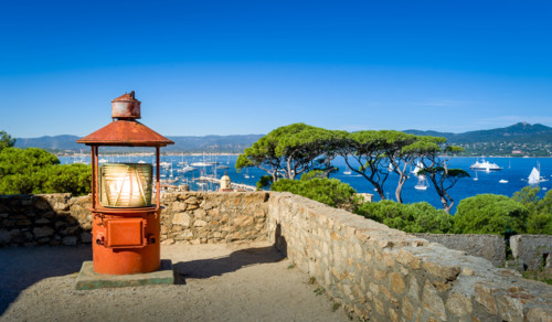 Old lighthouse at Saint-Tropez maritime museum fortress. Provence Cote d'Azur, France.
