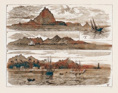 THE VOLCANIC ERUPTION AT JAVA, INDONESIA, VIEWS OF KRAKATOA AND ANJER, NOW COMPLETELY DESTROYED, 1883: 1. The Island reimagined