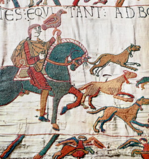 Episode from the Bayeux Tapestry, an embroidered cloth nearly 70 metres (230 ft) long, which depicts the events leading up to the Norman conquest of England, culminating in the Battle of Hastings, in ...
