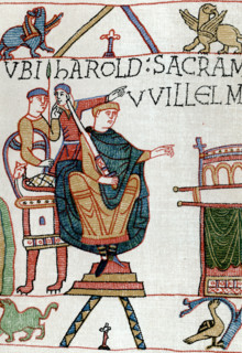 William receiving Harold's Oath. HAROLD SACRAMENTUM FECIT VVILLELMO DUCI (Harold made an oath to Duke William). This scene took place at Bagia (Bayeux, probably in Bayeux Cathedral).  The Bayeux Tapes...