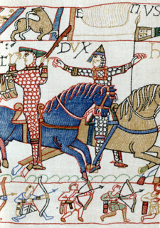 William I (c1028-1087), possibly with Eustace II, Count of Boulogne (c1015-c1087), during the Battle of Hastings, 11th century. A detail of the Bayeux Tapestry. The Bayeux Tapestry (Tapisserie de Baye...