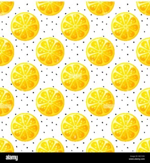 Seamless pattern with lemon slices and hand-drawn dots. Modern vector background with citrus fruit.