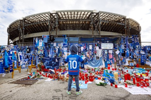 NAPOLI, ITALY - DECEMBRE 1, 2020 - The homage of the fans of Diego Armando Maradona outside the San Paolo stadium in Naples, Italy