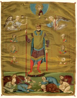 The 1906 caption reads: "Kaiser Basileus II, the Bulgar Slayer. A miniature of one of the Kaiser's [emperor's] Book of Psalms. The origina; is in the library at San Mark's in Venice." Basil II, (957/9...