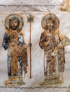 This 12th-century depiction in the Bari Exultet roll shows Emperors Basil II and Constantine VIII. The role of the figures as portraits has been debated, but it remains a key piece in Byzantine art hi...